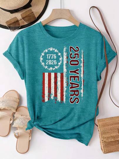 Camiseta de algodón con estampado patriótico del 250 aniversario de EE. UU. para mujer, camiseta gráfica casual celebratoria para uso diario