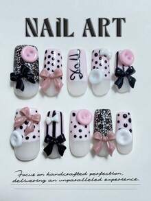 1 pieza Pegatina de uñas de aplicación manual. Uñas lindas, uñas retro dulces y elegantes, decoración de botón y lazo 3D, uñas cuadradas, reutilizables, de alta calidad, adecuadas para uso diario o uso en días festivos. - Multicolor - Ver 8