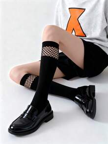 2 Pairs Women's Black Fishnet Knee High Socks, Thin Hollow Lace Lolita Style Long Socks, Summer - Black - View 5