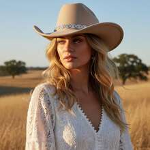 Rhinestone Western Cowgirl Hats Fashionable Elegant Wide Brim Fedora Caps For Women And Men - 卡其色 - 查看 4
