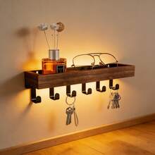 1 pieza Organizador de pared montado en la pared de madera vintage con 6 ganchos, estante de almacenamiento flotante y soporte para llaves/correo. Organizador de entrada de estilo nórdico minimalista con bandeja de madera, multiusos para cocina, dormitorio, baño y pasillo. Decoración del hogar ideal, adecuado como regalo de Navidad, Año Nuevo, cumpleaños, Día de la Madre para amigos y madres. - Multicolor - Ver 8