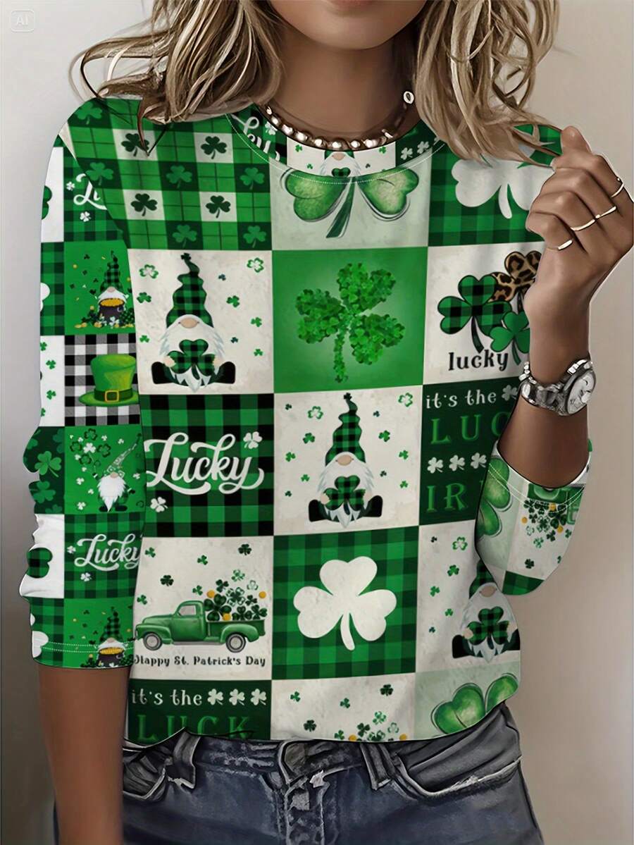 Women'S Plus Size Floral Print Long Sleeve T-Shirt - All-Over Pink & Green Floral Pattern Round Neck Blouse, St. Patrick'S Day Shamrock & Design, Machine Washable Regular Fit Casual & Semi-Formal Layering Top For Year-Round Wear - Mixed Color - 查看 1