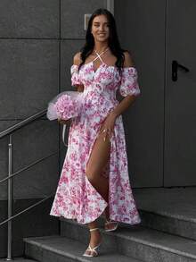 Đầm maxi cổ yếm/trễ vai in hoa màu hồng hiệu Solstice Apparel, tay phồng, eo thắt, xẻ tà, phong cách lãng mạn Pháp, hoàn hảo cho đi làm hàng ngày, đi chơi và du lịch, đầm đa năng mùa xuân hè thanh lịch - Hồng - Xem 3