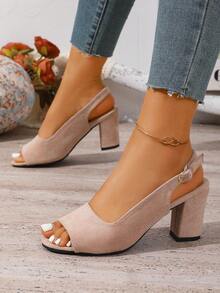9cm Thick Heel Women's Classic Peep Toe Sandals With Ankle Strap, Faux Suede Material, High Quality