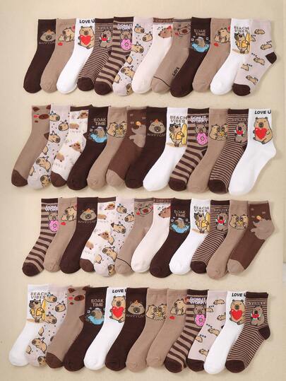 20/10/5 双装儿童深色四季通用新款水豚图案中筒袜，适合 1-14 岁男孩女孩日常穿着和运动。多功能休闲无缝袜，舒适透气，防臭百搭，男女通用。适合返校穿搭、旅行搭配，款式随机。