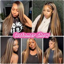 200% 密度直发蕾丝前假发，蜂蜜金挑染，13*4 耳到耳巴西原生人发前额假发，高清透明预拔毛自然发际线，5*5 无胶预剪假发，#4/27 假发，融合自然发丝，适合女性日常佩戴，优雅百搭。 - S4/27 - 查看 9