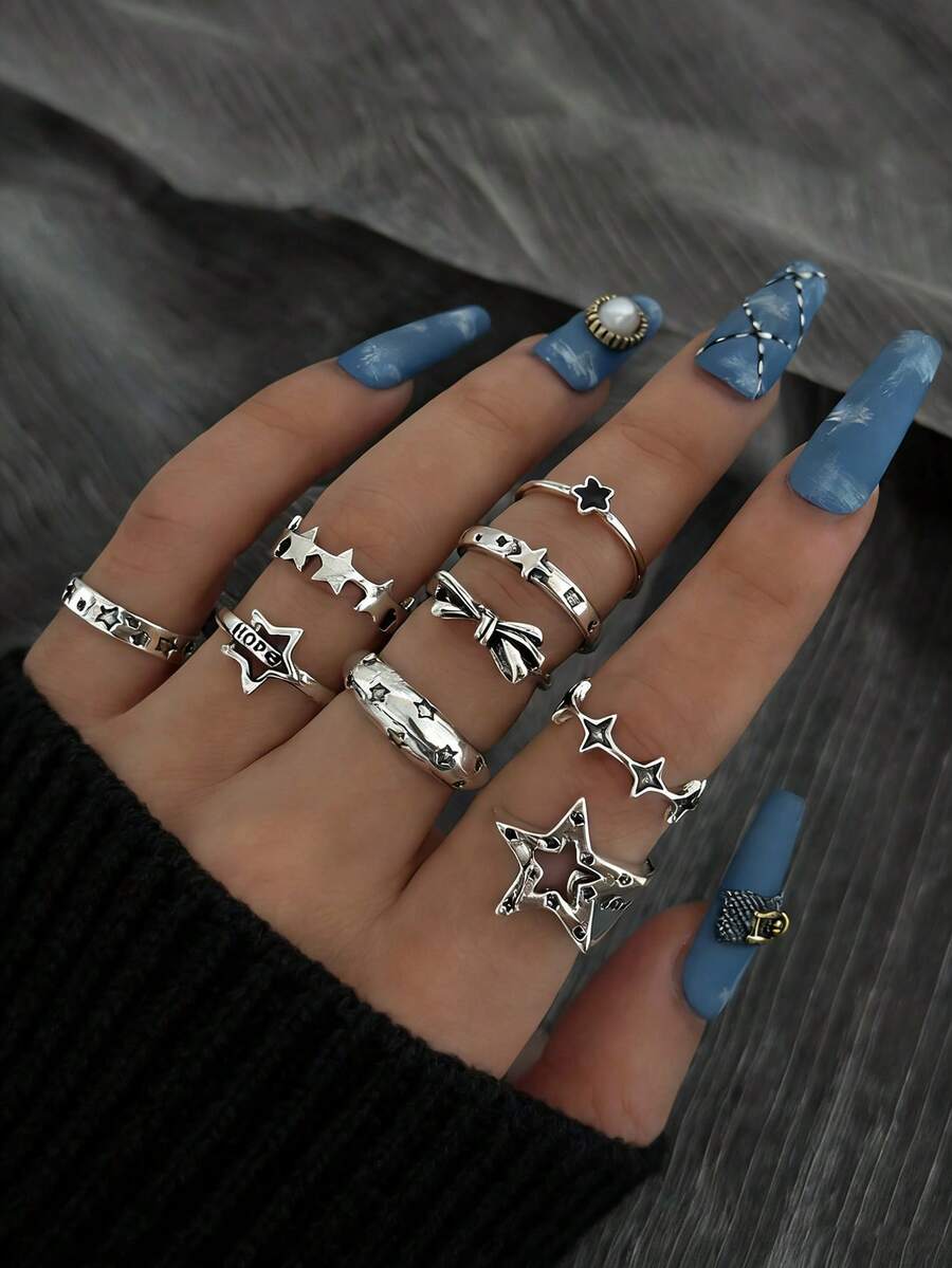 9pcs Vintage Distressed Metal Star Rings Set, Sweet & Cool Minimalist Style Letter & Bow Decor For Women - Grey - View 1