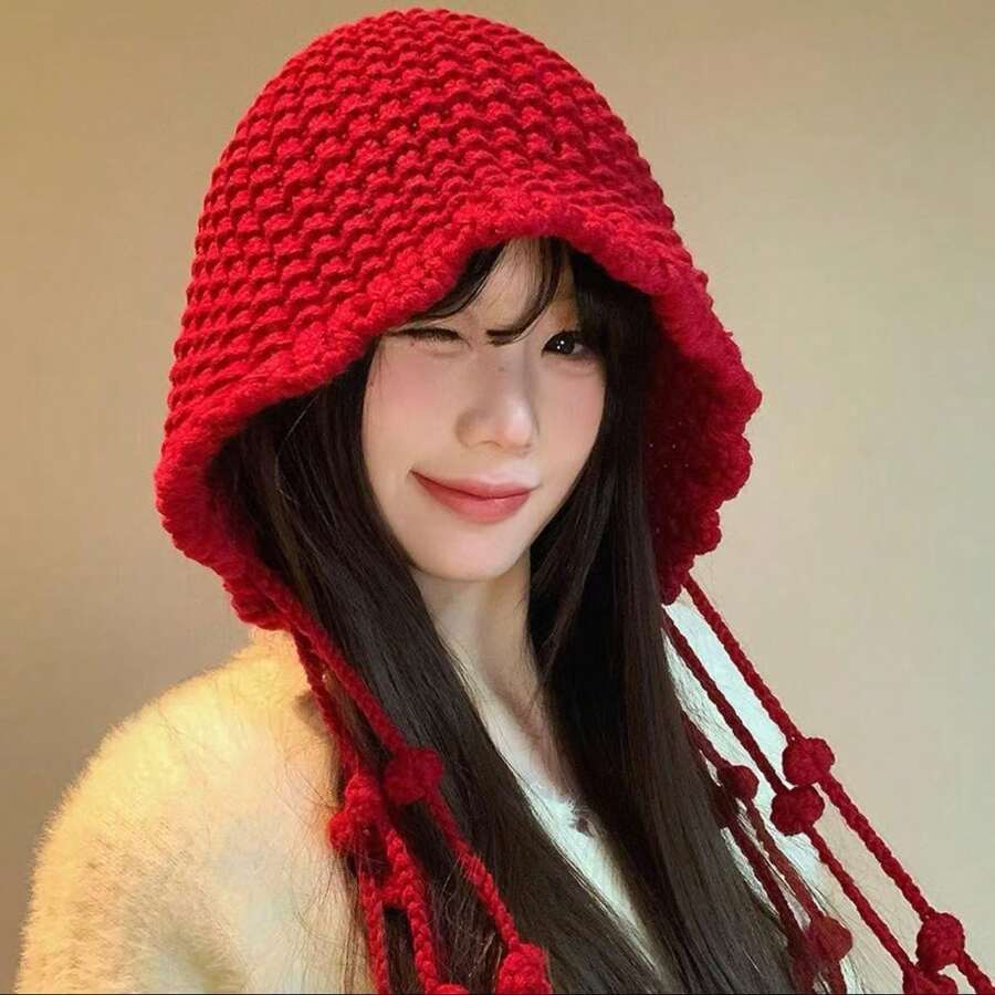 Women's Hand-Crocheted Knit Hat - Adorned With Fringe And Pom-Poms, Stretchy, Portable, And Adorable Beach Hat - A Must-Have For Vacations And Travel - 紅色 - 查看 1