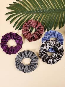 5件套优雅百搭缎面纯色及豹纹发圈套装，直径10厘米/3.93英寸，女士发绳发饰 - 彩色 - 查看 1
