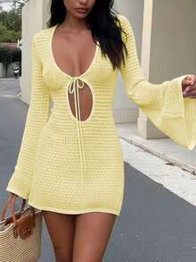 Women's New Hollow Out Sexy Beach Vacation Casual Daily Dress, Flared Sleeve Short Knit Sweater Dress, Spring/Summer/Autumn - Yellow 2 - View 4