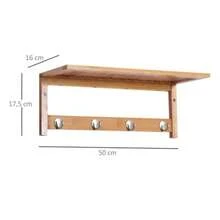 Wall-Mounted Coat Rack With Hooks, Space-Saving Design, 5 Kg Load Capacity, 50 X 16 X 17.5 Cm, Natural Wood.