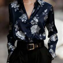 Women'S Elegant Floral Print Satin Shirt - Long Sleeve Button-Up Blouse With V-Neck, Regular Fit For Spring/Fall, Office & Casual Attire, Spring/Fall Clothing, Fashion Lovers, Stylish Top, Smooth Texture, Classic Collar Design, Autumn Fashion - 藏蓝色 - 查看 1