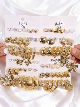 1 Set Fashionable & Elegant CCB Earrings, Geometric Pattern, Flower, Stripe, Heart Shaped Multi-Element Earring Set, Suitable For Women Daily Wear, Gift For Friends, Holiday, Birthday