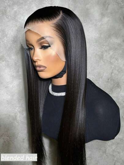 28英寸180%密度免胶即戴假发，真人发混纺，预先拔毛，预先修剪，13x4蕾丝前假发，真人发混纺，蕾丝前片，即戴，180%密度，直发，自然黑，10-36英寸