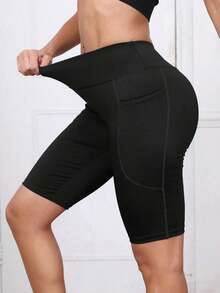 3Pcs/Set Black, Gray, Blue Yoga Shorts With Pockets, High Waist, Tummy Control, Compression Leggings, Bike Shorts, Stretchy & Comfortable Athletic Pants Spring/Summer - 黑色 - 查看 6