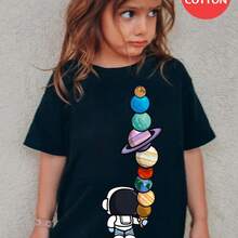 100% Cotton Children's T-Shirt For Girls And Boys, Unisex, With Cartoon Astronaut Print. Comfortable And Casual T-Shirt For Any Occasion. - 黑色 - 查看 1
