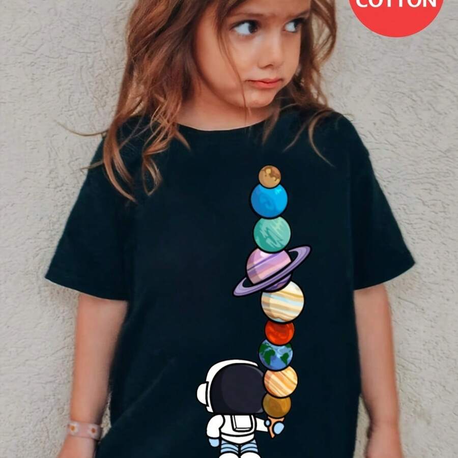 100% Cotton Children's T-Shirt For Girls And Boys, Unisex, With Cartoon Astronaut Print. Comfortable And Casual T-Shirt For Any Occasion. - 黑色 - 查看 1