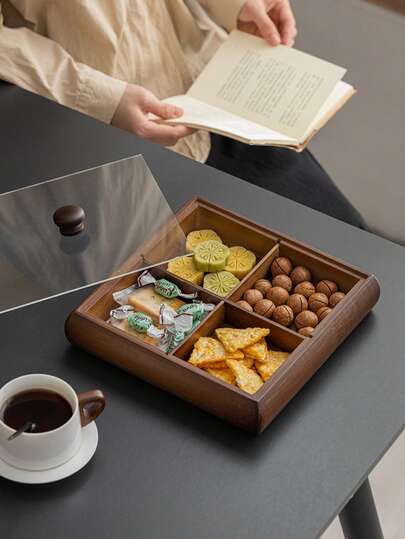 1pc Wooden Tray With Dust Cover, Divided Circular Serving Platter, Cafe Dessert Tray, Storage Dish, Cake & Snack Plate, Suitable For Eid, Valentine's Day, Chinese New Year