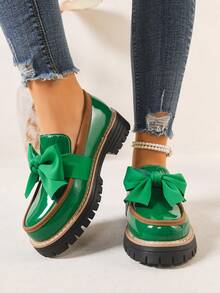 New Women's Loafers Thick Sole Spring/Autumn Fashion Versatile PU Outdoor Wear Bow Patent Leather Black Round Toe Slip-On Shoes - Green - View 3