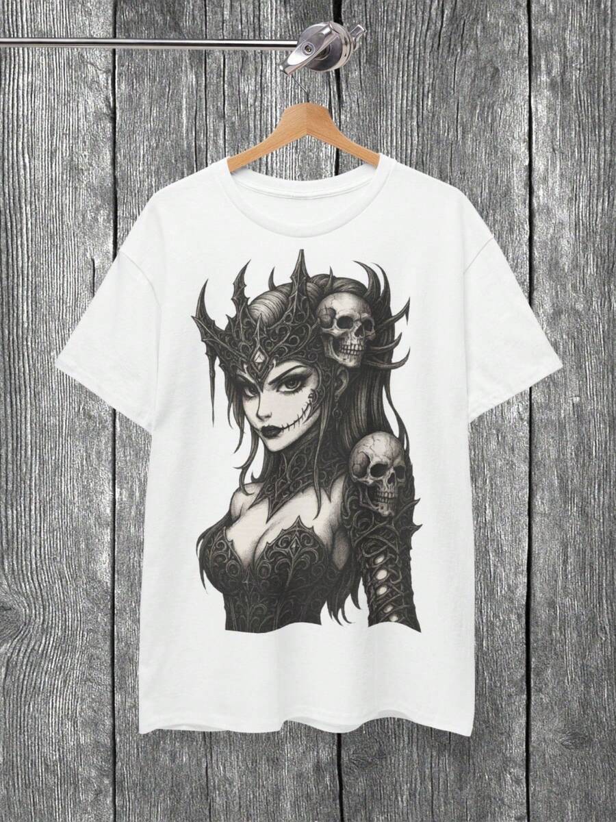 Dark Queen Skull Graphic T-Shirt Gothic Tattoo Art Edgy Streetwear - White - View 1