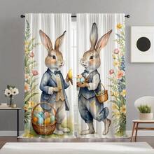 2 piezas Cortinas con estampado de huevos de Pascua en estilo acuarela que presentan un conejo con traje y patrones florales. Estampado plano, tela transparente, perfecta para la decoración del hogar en Pascua/primavera. Adecuada para dormitorios, salas de estar y ventanas del comedor. - Multicolor - Ver 8