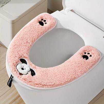 1pc Cute Puppy & Paw Print Fluffy Toilet Seat Cover - Waterproof Seal, Easy Zipper Installation (Fits Most Toilets) Cozy Winter Bathroom Accessory