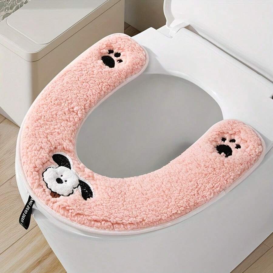 1pc Cute Puppy & Paw Print Fluffy Toilet Seat Cover - Waterproof Seal, Easy Zipper Installation (Fits Most Toilets) Cozy Winter Bathroom Accessory