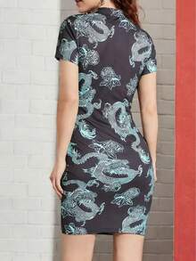 Vestido cheongsam de manga corta con abertura y botones con estampado de hojas para vacaciones de verano - Multicolor - Ver 3