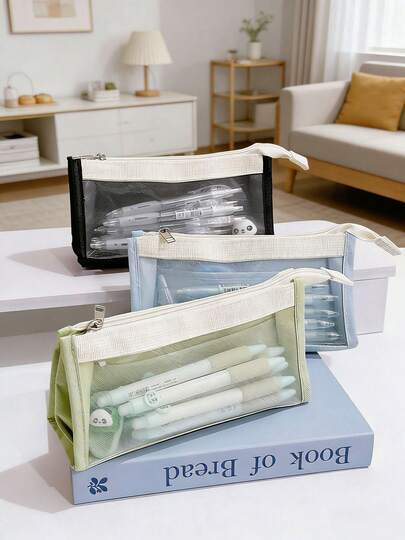 1個 カラーブロック トランスペアレントメッシュペンケース - ミニマリスト 大容量 マルチレイヤー 文房具オーガナイザー、試験や学生の学校への復帰ギフトに最適