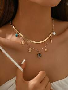 1件新款创意极简双层多吊坠时尚优雅颈链，海洋/海滩度假风格，适合派对佩戴 - 金黃色 - 查看 5