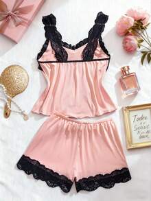 2pcs Women's Sexy Lingerie Set, Lace Trim Ruffle Top And Lace Panty, Comfortable Sleepwear Intimate Apparel