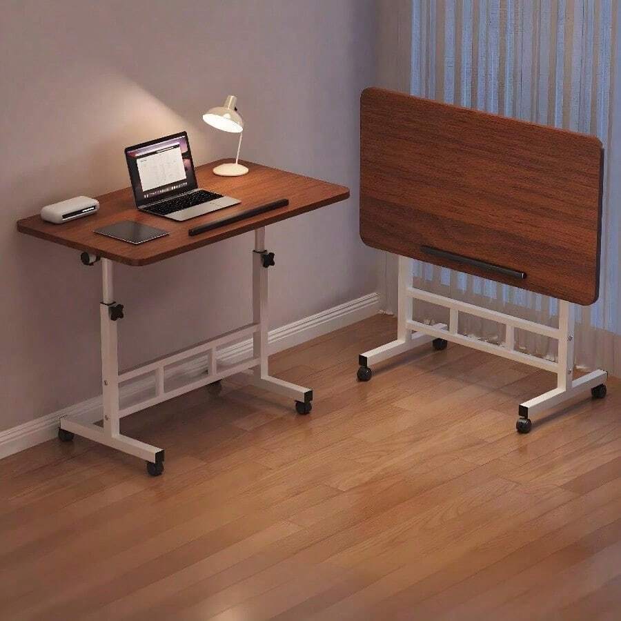 3 Colors, Adjustable Height, 360° Swivel Folding Desk On Wheels With Sturdy Frame, Suitable For Home Office Space, Dorm Room, Study, Small Apartment - 棕色 - 查看 1