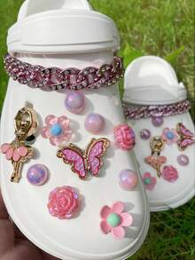 22颗DIY粉色水钻链，可拆卸粉色蝴蝶芭蕾舞鞋装饰纽扣，适用于沙滩鞋、镂空鞋、节日礼物，四季皆宜 - 粉色 - 查看 7