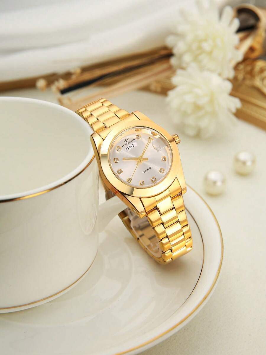 RICECGO 1pc Women's Luxury Gold-Tone Stainless Steel Quartz Watch, Fashionable Minimalist Elegant Design, Business Lady Wristwatch, Suitable For Daily Wear, Birthday, Mother's Day, Valentine's Day Gift