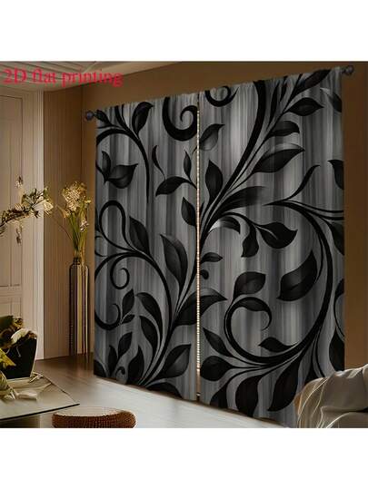 2-Piece 2D Flat Black Vine Leaf Curtains, With Elegant Curves And Swirling Shapes, Add A Stylish Touch To Your Room, Perfect For Christmas Decoration And Creating A Festive Atmosphere. Suitable For Bedrooms, Offices, Kitchens, Living Rooms, Studies, And Bathrooms. Features A Rod Pocket Design And Is Machine Washable.