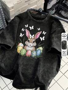 复古报纸玫瑰印花做旧黑灰色短袖T恤，深色上衣，大码复古T恤，大码圆领T恤，春夏必备，冬季保暖内衬 - 黑色 - 查看 3