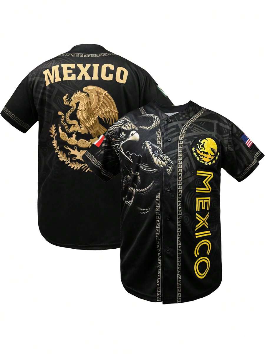 Men's Black & Gold Baseball Jersey, Mexico Letter Print + Embroidery Design, Loose V-Neck Short Sleeve Button-Up Sportswear Shirt, Suitable For Sports, Casual, Streetwear, Theme Parties, Unisex - Black - View 1