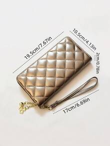 1pc Women's Long Zipper Wallet With Wrist Strap Clutch Purse Gold Color Luxury PU Leather Diamond Pattern Young & Elegant For Women Wallet Purse Wallet Long Wallet Wristlet Wallet Lanyard Money Wallet - Multicolor - View 3