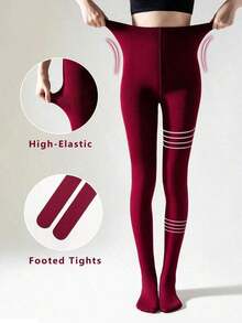 1 Pair Women's Wine Red Fleece Tights, Elastic Fitted Thin Fleecy Leggings For Autumn And Spring - 1 - 查看 2
