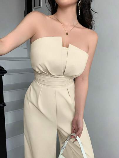 abyoxi Mono de pierna ancha con cintura fruncida y sin tirantes sin espalda, ajustado y elegante, de estilo vintage simple, para uso casual, diario y de citas, para primavera y verano