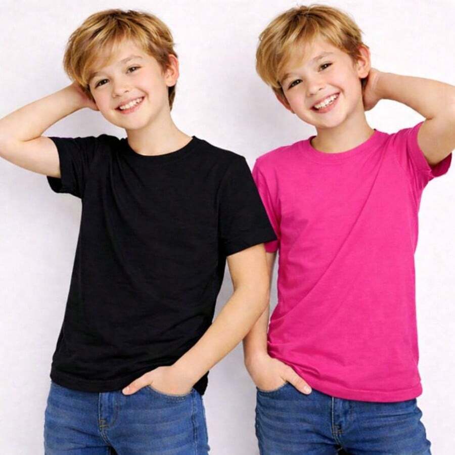 KIT 2 Camisetas Básicas Infantil 100% Algodão Masculina Tamanho do 0 ao 16 Leve, Fresco para Dia a Dia, Escola, Passeio e Festas - Pink/Preta - Visão 1