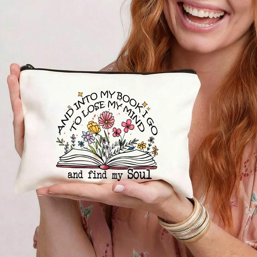 1pc Zipper Closure Fabric Makeup Bag, Casual Bookworm Cosmetic Pouch, Floral Pattern Travel Toiletry Organizer, Ideal For Women, Sisters, Friends - Outdoor, Camping, Party - Multicolor - View 1