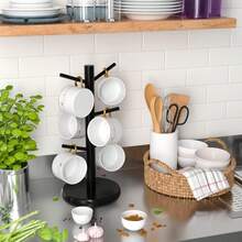 Coffee Cup Rack, Upgraded Thickened Wooden Base Cup Rack, Coffee Cup Rack With 6 Hooks, Suitable For Countertop Cup Rack Storage Rack, Bamboo Mug Rack, Suitable For Countertop, Coffee Bar Accessories And Storage Station - Multicolor - View 9