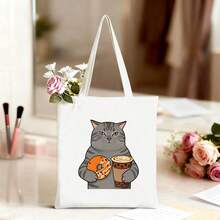 1pc Funny Cat, Donut & Coffee Print Canvas Tote Bag, Fabric Travel Handbag For Daily Use