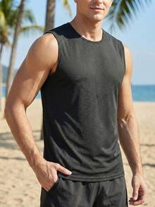 Camiseta de tirantes de secado rápido para hombres, camiseta sin mangas con panel en V texturizado para gimnasio & deportes de carrera - Negro - Ver 2