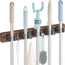 Mop And Broom Holder Wall Mount - Rustic Wood Broom Mop Hanger - Wall Mounted Garden Tool Rack Organizer For Closet Garage Laundry Room Kitchen Decor With 4 Slots & 4 Hooks - Brown-5 Slots - View 1