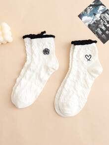 4双装女士低帮袜 - 华夫格针织花呢心形山茶花刺绣泡泡袜口，适合春夏穿着 - 彩色 - 查看 7