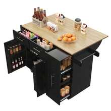 Modern Kitchen Island Table, Kitchen Cabinet, Buffet Cabinet, Wooden Dining Cart, Multifunctional Dining Table With Storage, Dining Cart With Snack Holder And Telescopic Functional Cabinet, Black - Black - View 3
