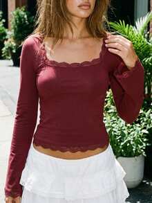 Y2k Flare Long Sleeve Crop Tops For Women Lace Trim Square Neck Low Cut Stretchy Blouses Sexy Slim Fit T Shirt Going Out Tops Party Clubwear Streetwear Spring Summer Fall Aesthetic Clothes - Màu Đỏ Sâu - Xem 2