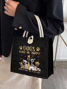 Cute Puppy Themed Printed Linen Handbag With Button Closure And Sporty Style Design, Featuring A Puppy And "Dogs Make Me Happy". Sacred, Warm, Festive Household Items - Multicolor - View 4